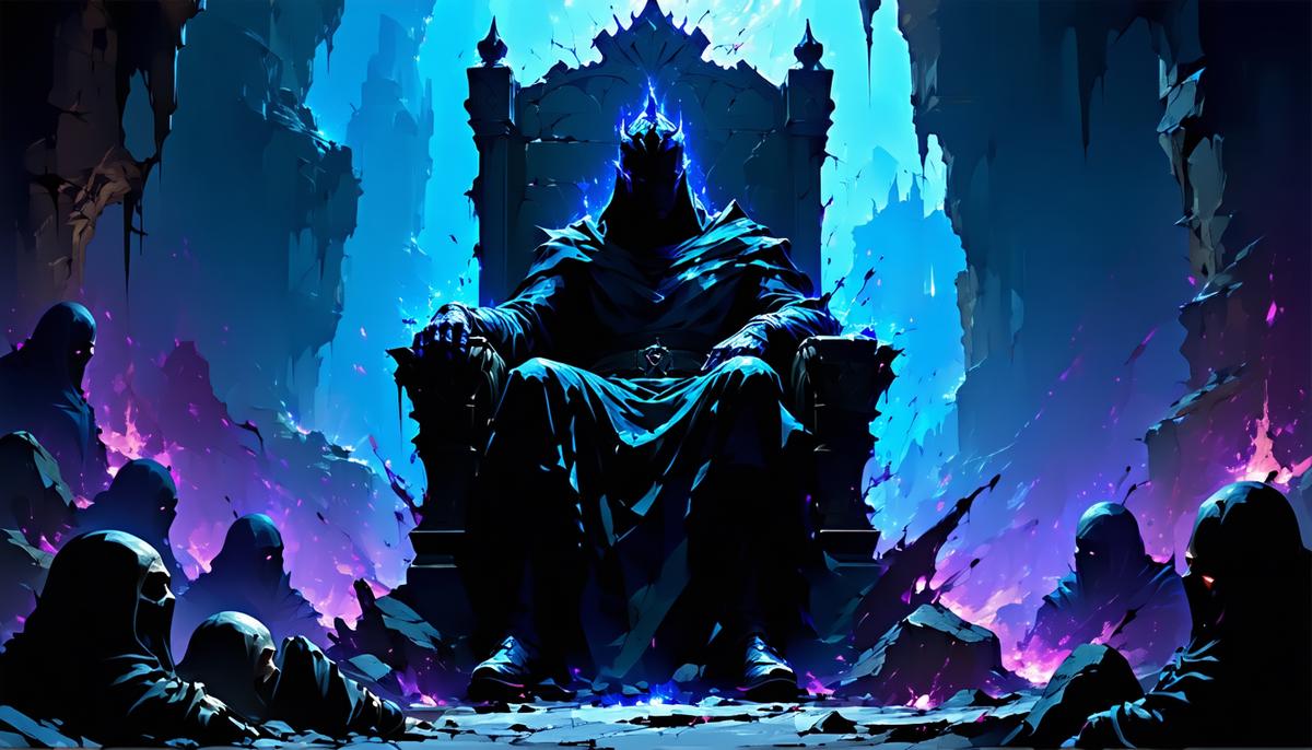 Hades sitting on his obsidian throne in the underworld, surrounded by shadowy spirits