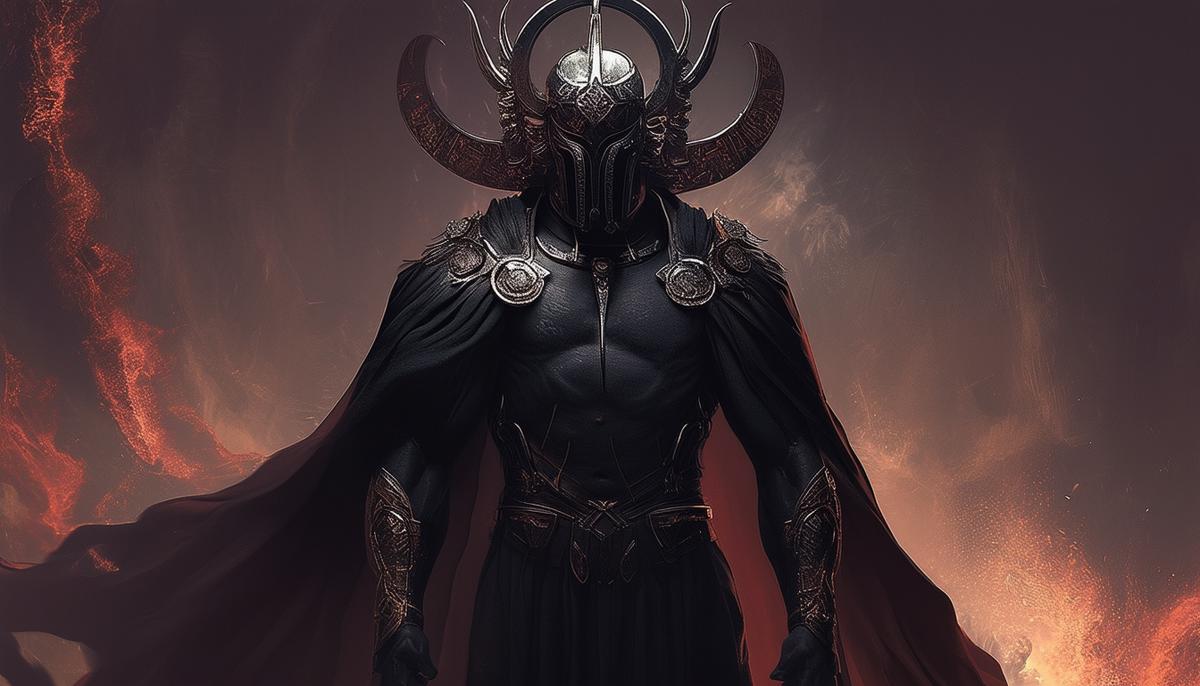 Hades, the Greek god of the underworld, wearing his Helm of Darkness, which grants him invisibility and represents his enigmatic, powerful role as the ruler of the dead. The helm conveys a sense of mystery, control, and the gravity of Hades' responsibilities in overseeing the realm of souls.