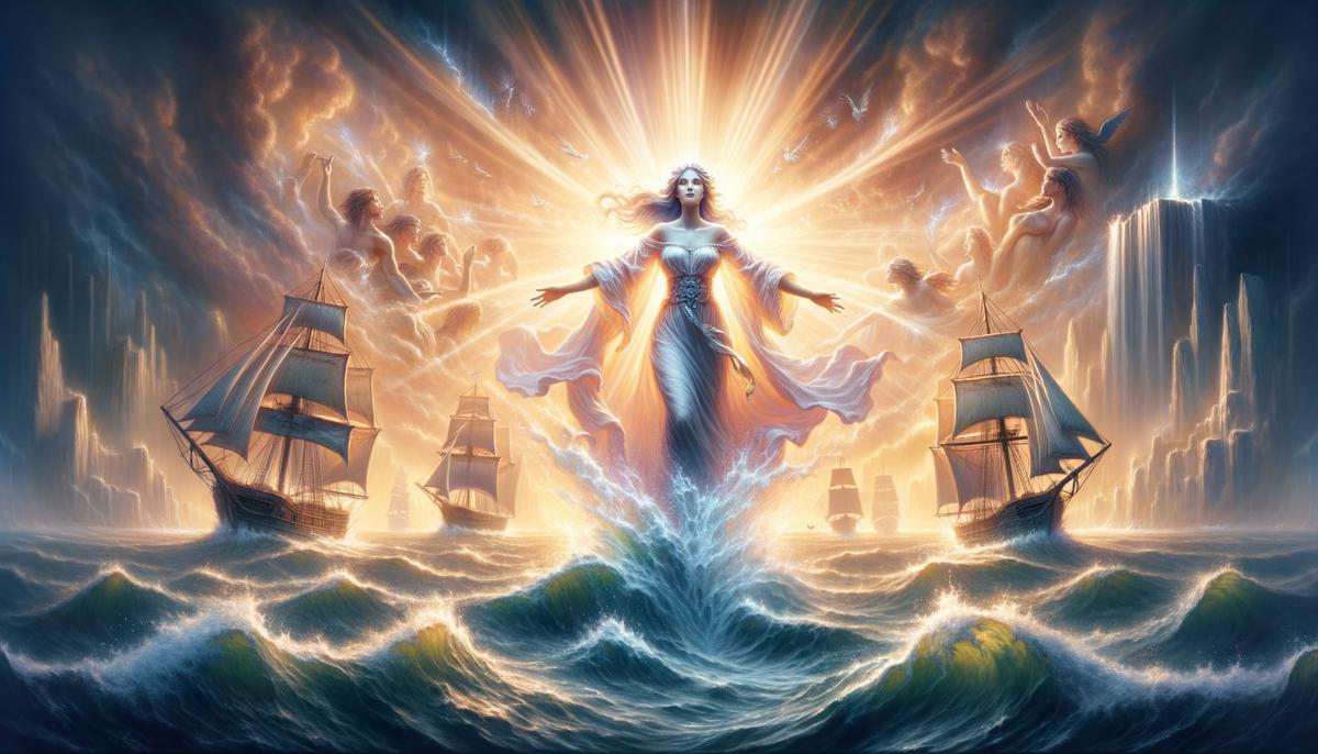 Halia, transformed into Leucothea, becomes a beacon of hope for sailors, guiding them through the perils of the sea.