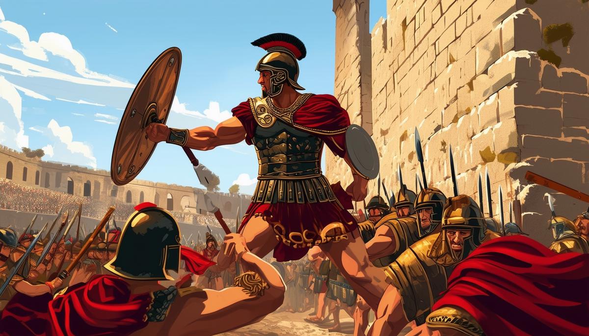 Hector bravely defending the walls of Troy against Greek attackers