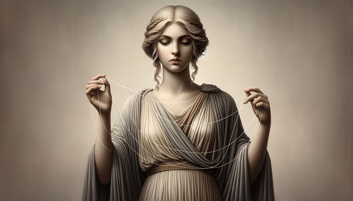 Heimarmene, the Greek goddess of fate, measuring invisible threads representing the destinies of mortals and gods