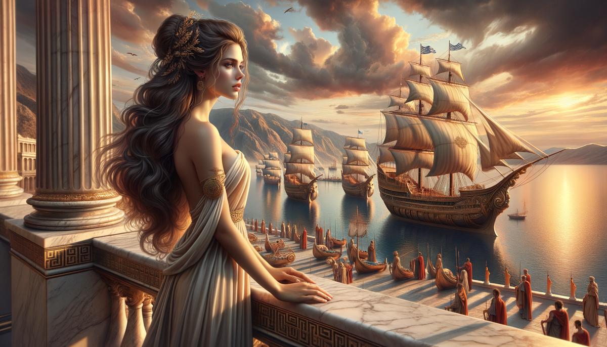 Helen of Troy standing on a balcony overlooking a harbor filled with a thousand ships
