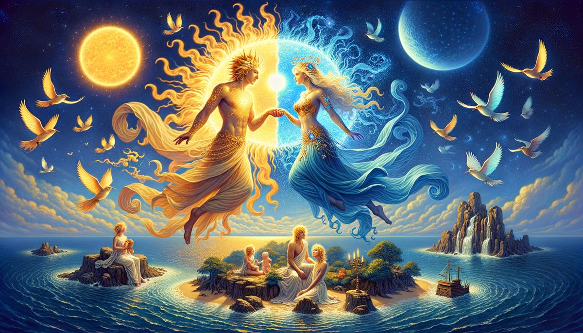 Helios and Rhodus nurture the island of Rhodes, their divine offspring embodying brilliance in arts, science, and the sacred duty of supervising sunrises.