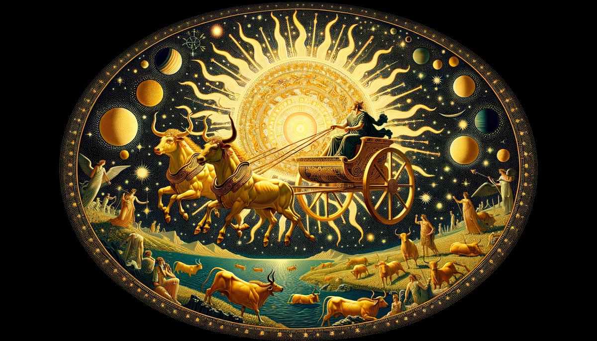Helios, the Greek sun god, riding his golden chariot across the sky
