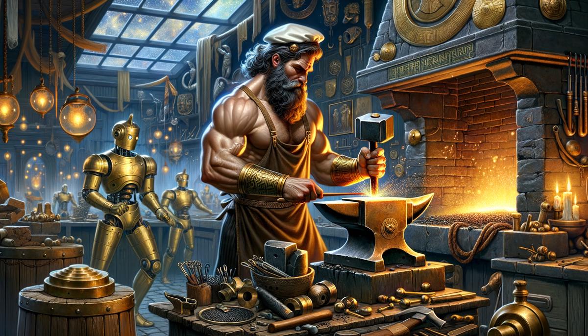 Hephaestus forging legendary weapons and armor for the Greek gods