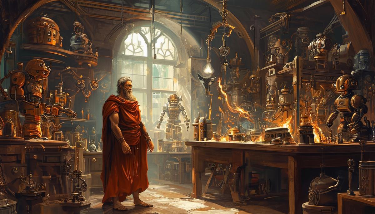 Hephaestus in his divine workshop, surrounded by various automatons and magical creations