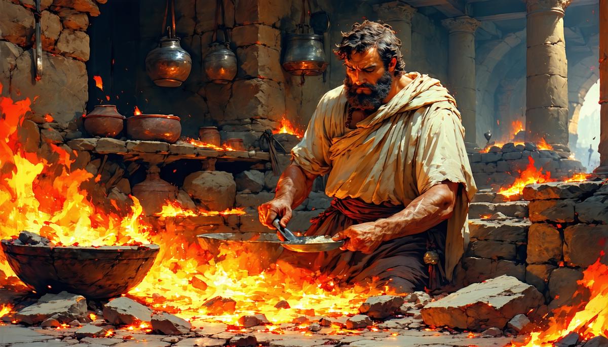 Hephaestus working at his divine forge on the island of Lemnos