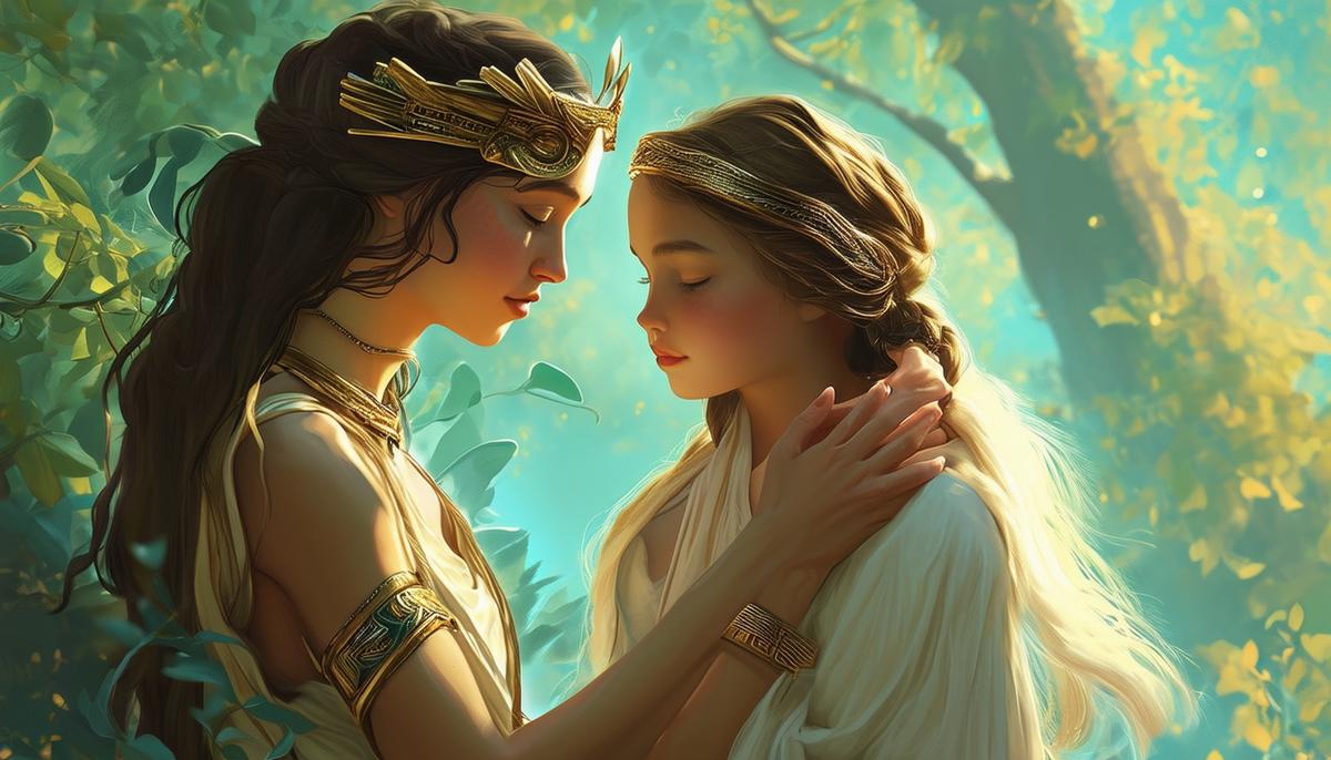 Hera and Prosymna sharing a bond of nurturing care, with Prosymna guiding the young goddess