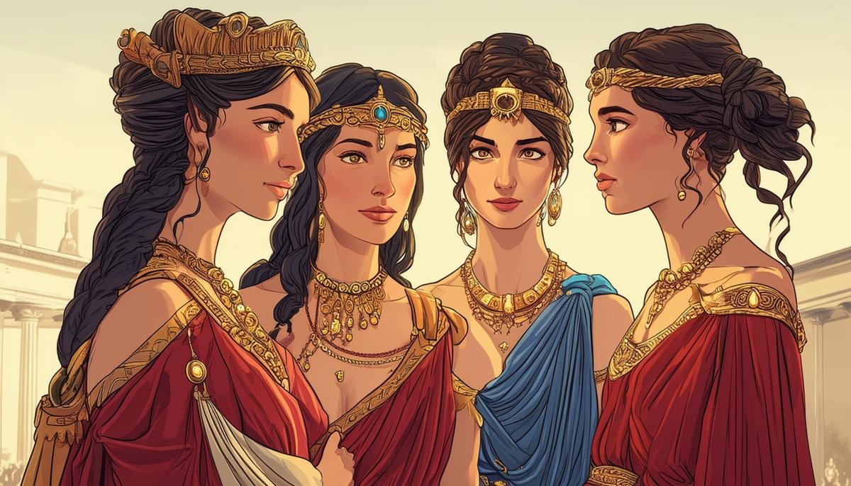 Hera, Athena, and Aphrodite dressed in fine clothing and jewelry presenting themselves to Paris for him to judge their beauty