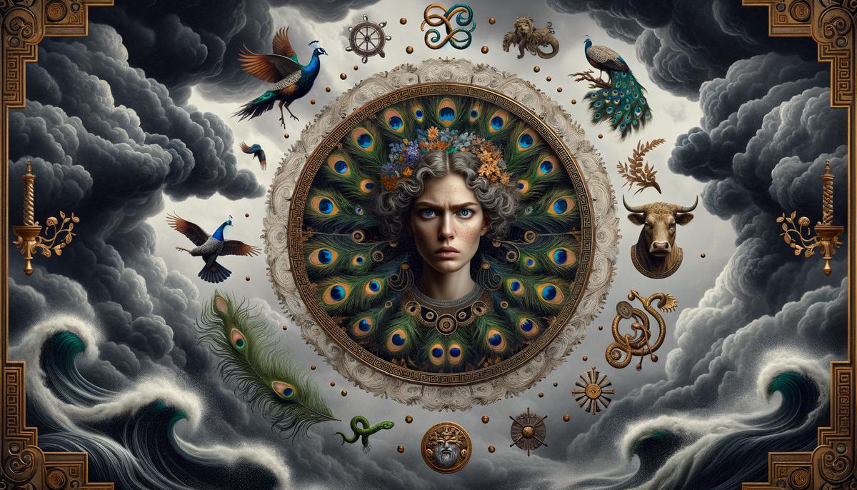 Hera in a jealous rage, surrounded by symbols of her vengeance against Zeus's affairs