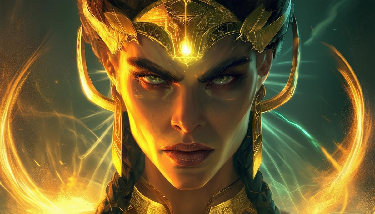 Hera, Queen of the Gods, with a fierce expression and glowing aura of power