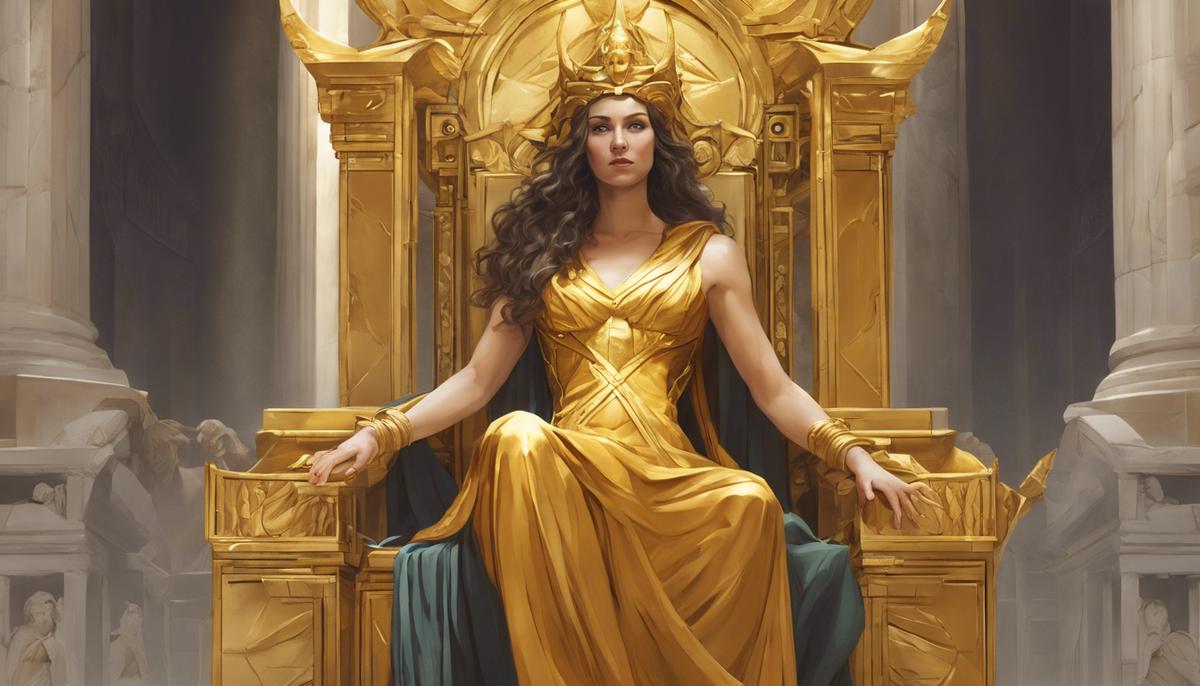 Hera sitting on a golden throne on Mount Olympus
