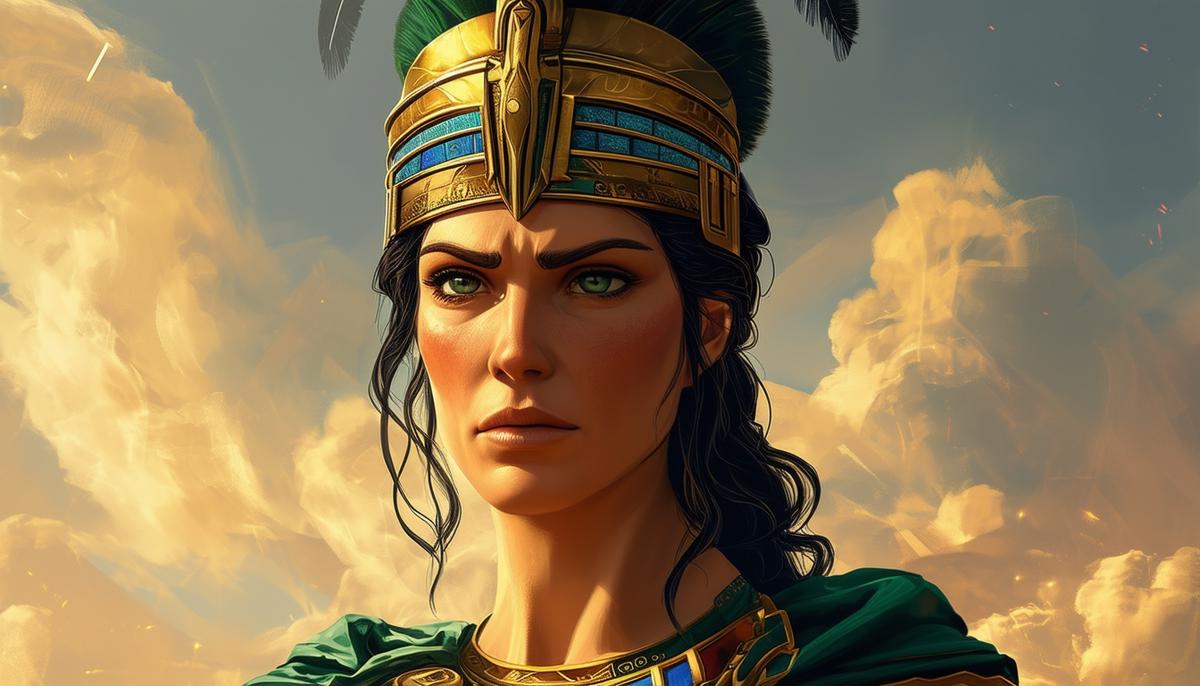 Hera, the Greek goddess and queen of the gods, with a stern expression and regal attire