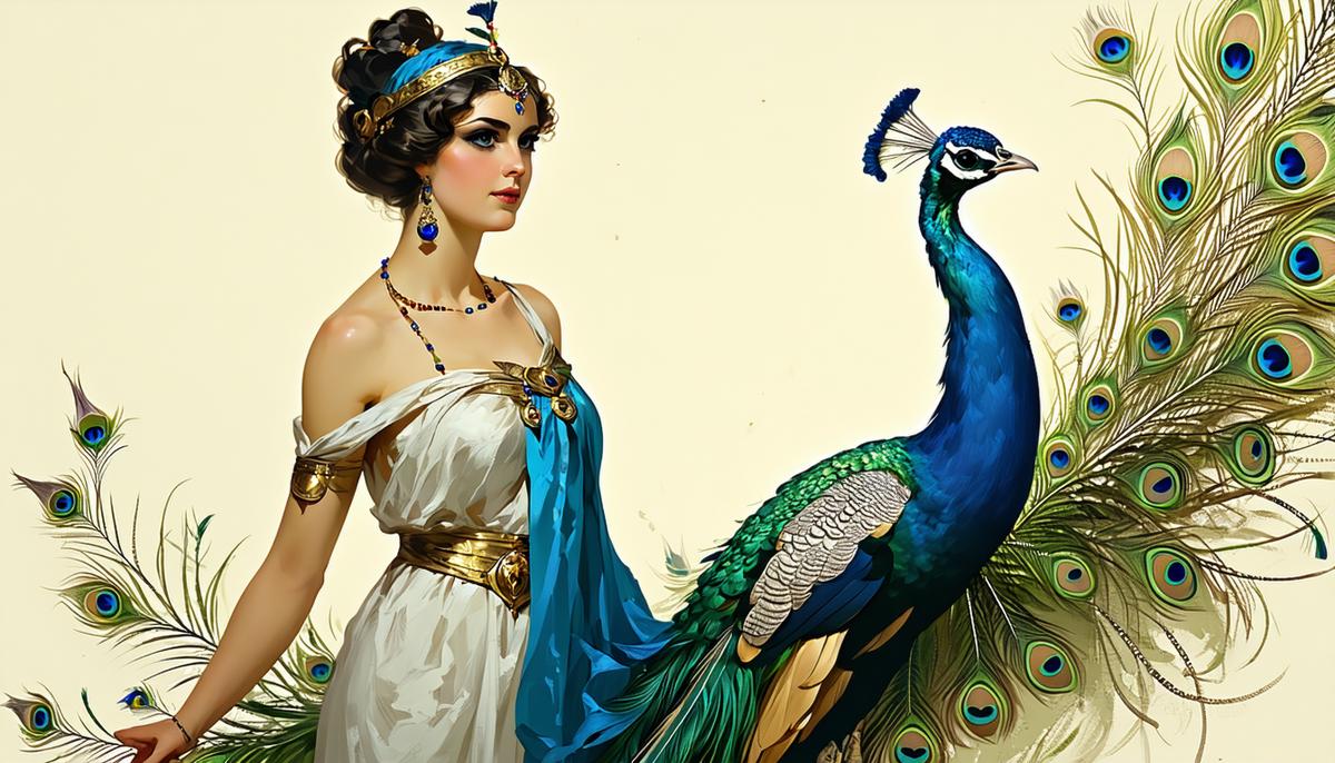 Hera, the Greek goddess, standing regally with a peacock, her expression both stern and compassionate