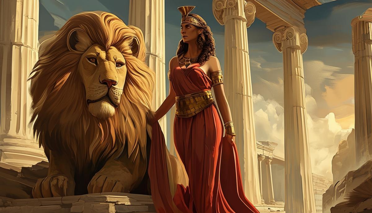 Hera, the Greek goddess, standing regally with the Nemean Lion by her side in an ancient Greek temple setting.