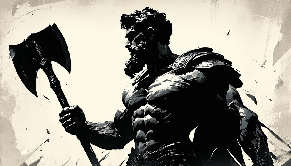 Heracles, a muscular Greek hero, completing one of his twelve labors with determination