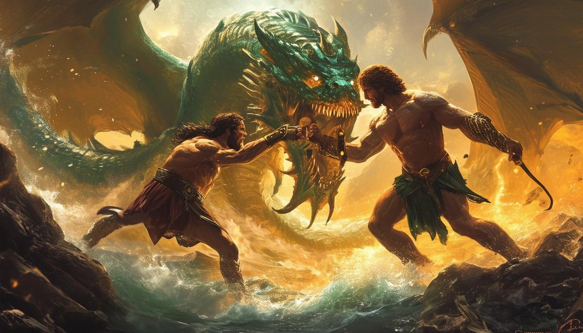 Heracles and Iolaus engaged in an epic battle against the multi-headed Hydra, their teamwork and loyalty crucial in overcoming the monstrous foe.