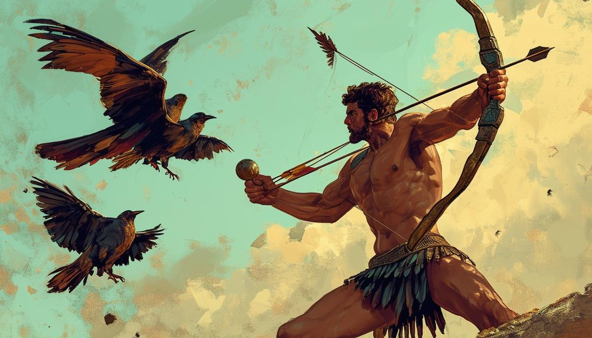 Heracles battling the Stymphalian Birds using a bronze rattle and bow with arrows