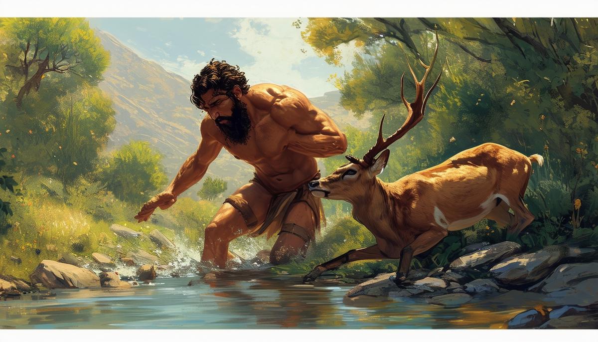 Heracles capturing the exhausted Ceryneian Hind near a creek after a year-long chase