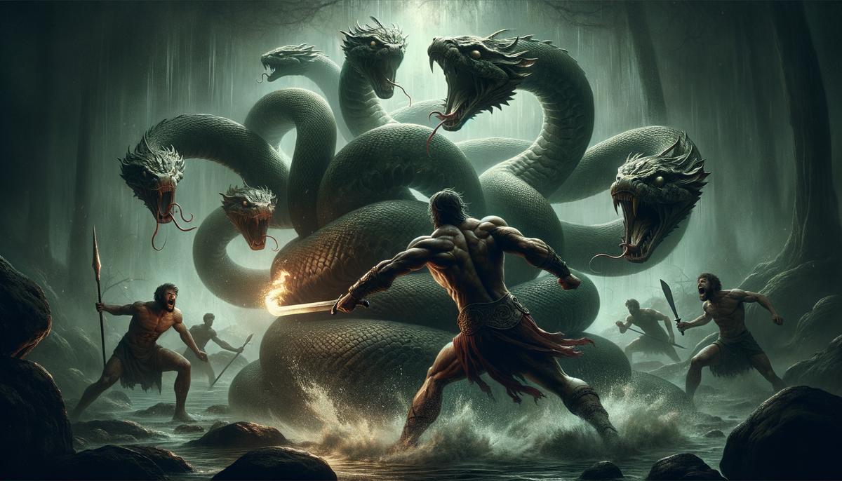 Heracles fighting the multi-headed Hydra in a murky swamp, with his nephew Iolaus assisting by cauterizing the severed necks