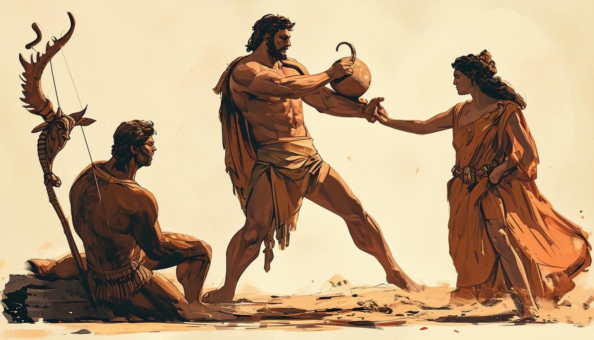 Heracles, holding the captured Ceryneian Hind, confronted by an angry Artemis and a stoic Apollo