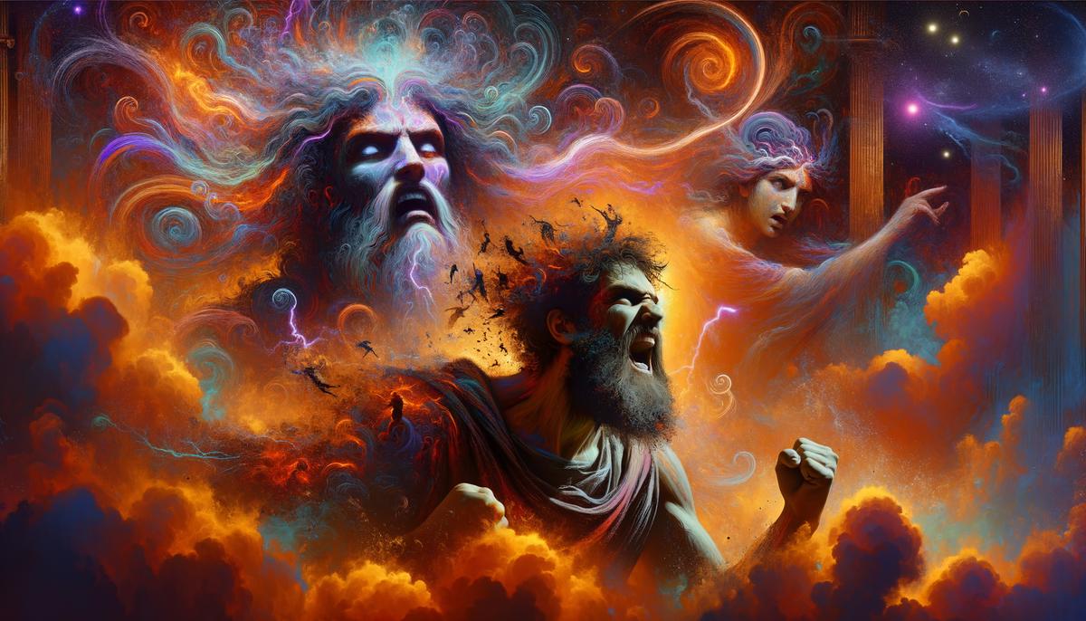 Heracles in a state of divine madness, with Hera looming in the background