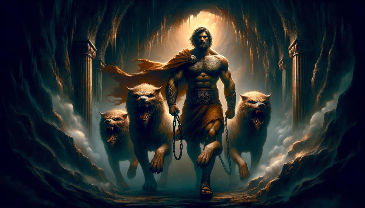 Heracles leading the three-headed hellhound Cerberus out of the underworld