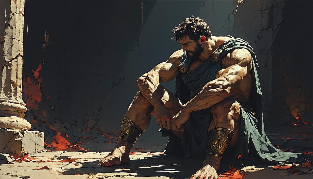 Heracles, looking pensive and remorseful, reflecting on his past mistakes