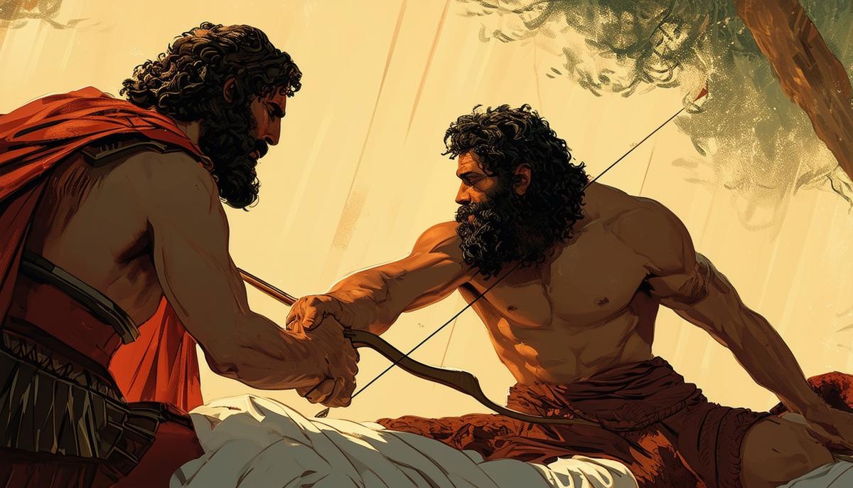 Heracles, on his deathbed, hands his powerful bow to Philoctetes, entrusting him with the legendary weapon. The scene is solemn yet filled with a sense of duty and legacy, as Philoctetes accepts the responsibility bestowed upon him.