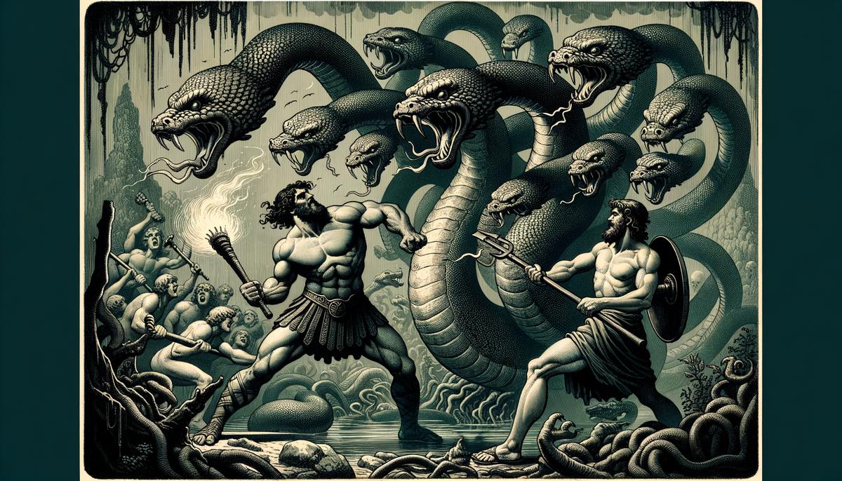 Heracles swinging his club at the multi-headed Hydra, while his nephew Iolaus stands ready with a torch