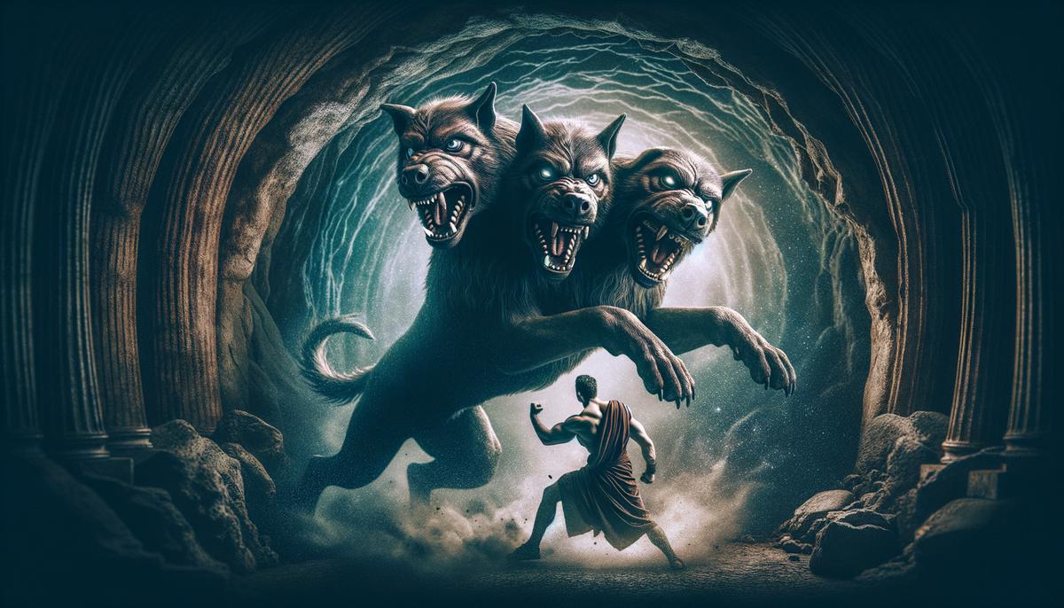 Heracles wrestling with the three-headed dog Cerberus in the underworld