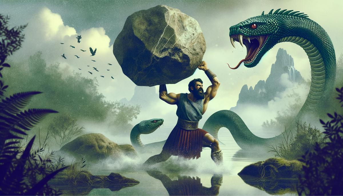 Hercules, a muscular man in ancient Greek attire, uses his immense strength to trap the Hydra's immortal head beneath a massive boulder
