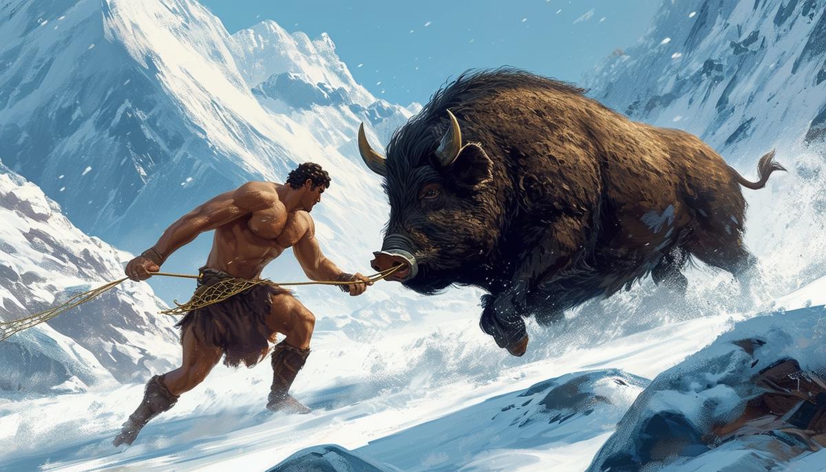 Hercules chasing the Erymanthian Boar through a snowy mountain landscape, with the hero wielding a net or rope to capture the beast alive