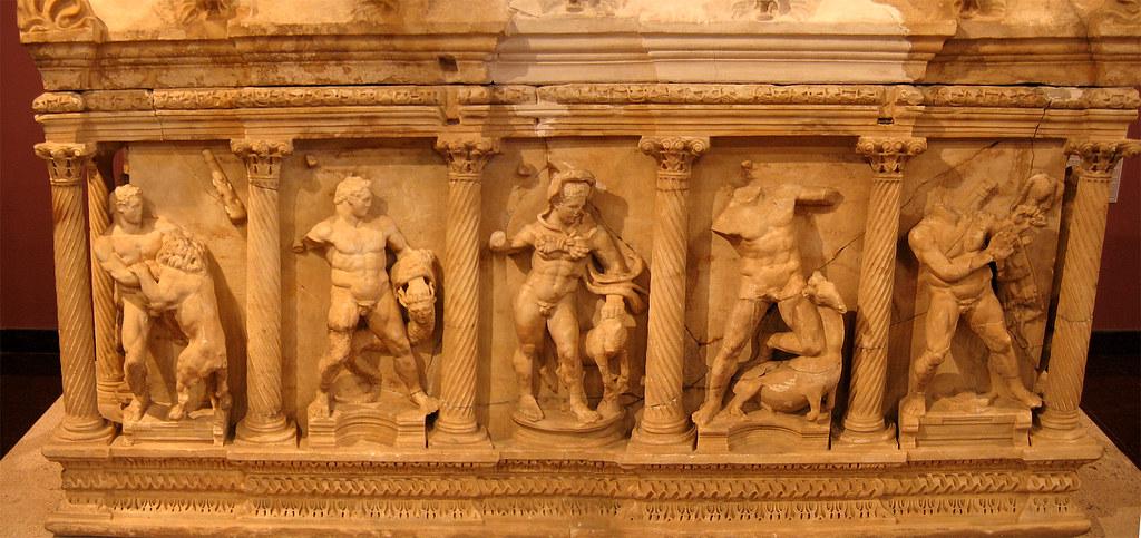 Hercules performing his twelve labors in a heroic pose