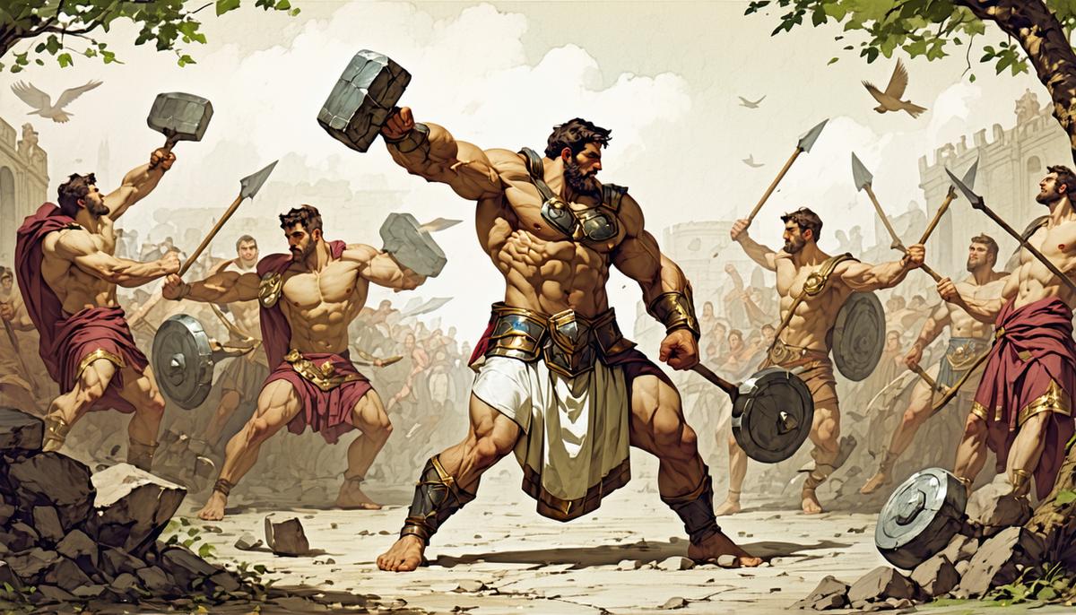 Hercules performing various labors, showcasing his strength and determination