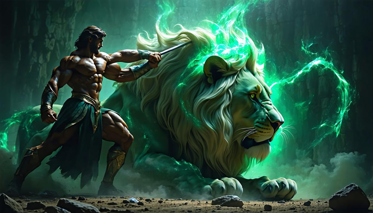 Hercules using the Nemean Lion's own claws to skin it after his victory, with Athena's ghostly form offering guidance