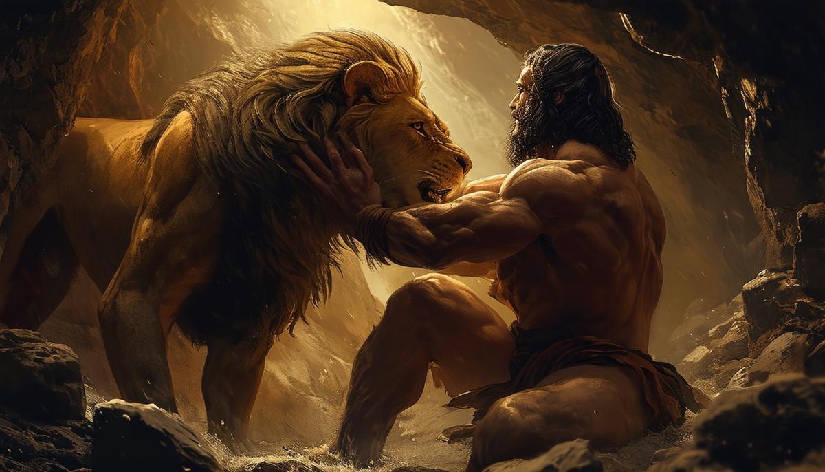Hercules wrestling and strangling the Nemean Lion inside a dark cave