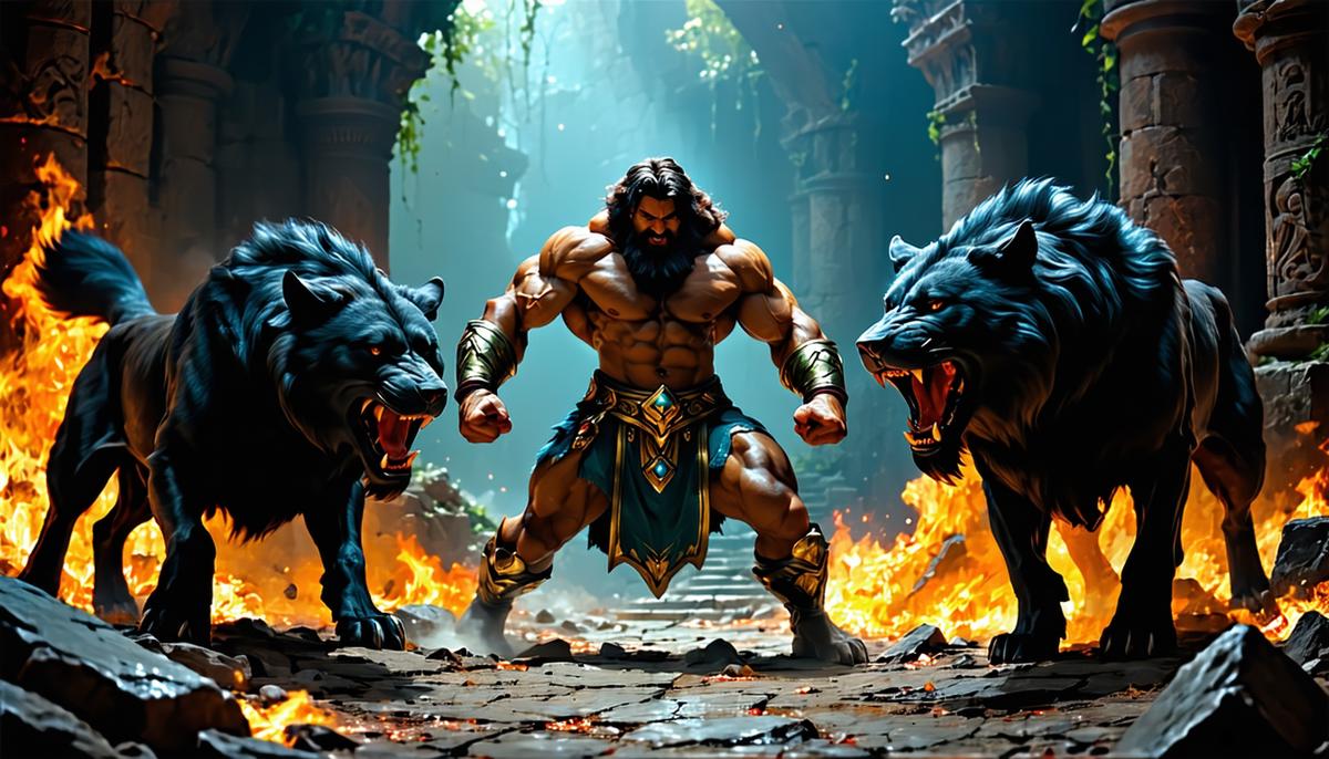 Hercules wrestling and subduing Cerberus in the Underworld