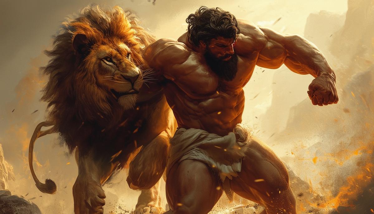 Hercules wrestling with the Nemean Lion, demonstrating his incredible strength
