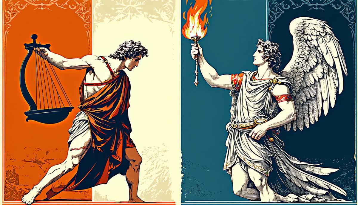 Hermes playing a lyre while Prometheus holds a flame, symbolizing their roles as trickster deities