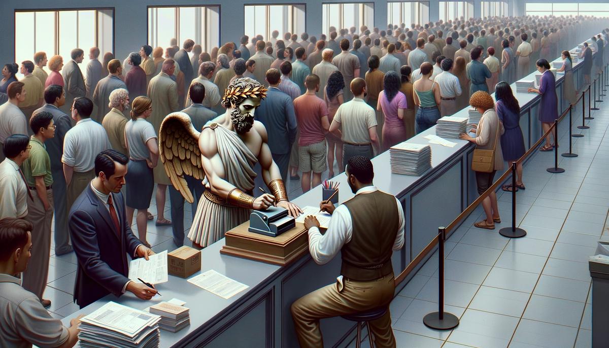 Hermes rapidly stamping papers at the Department for Bureaucratic Affairs