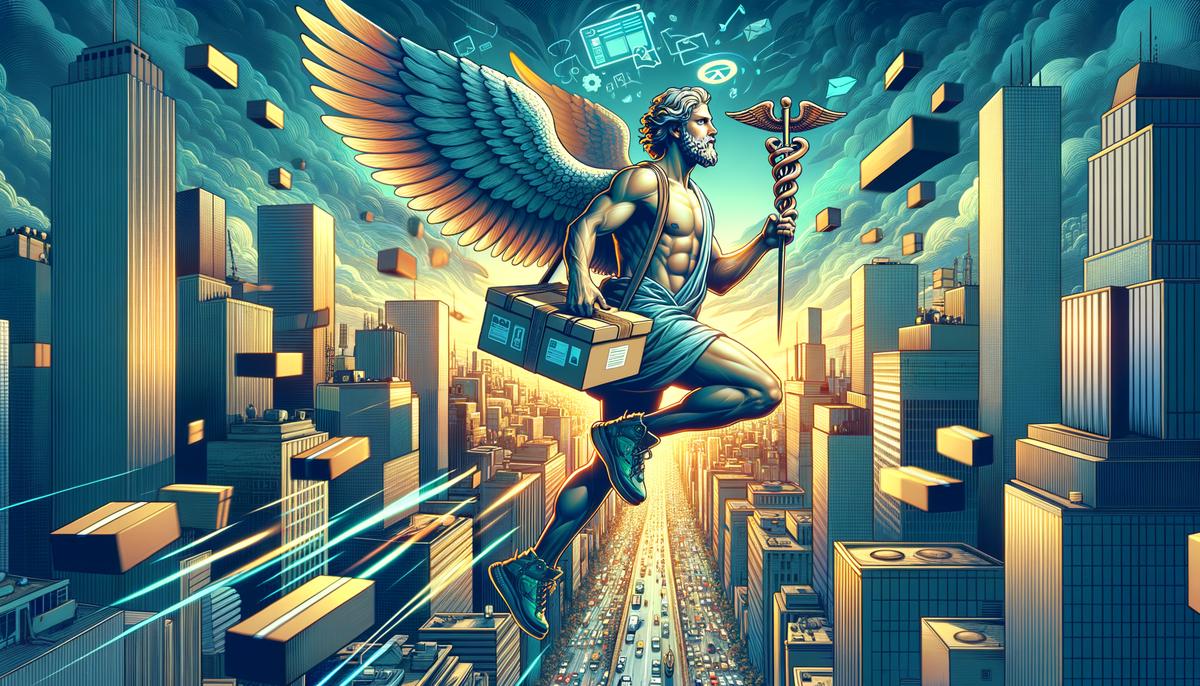 Hermes, the Greek god, delivering FedEx packages in a modern city