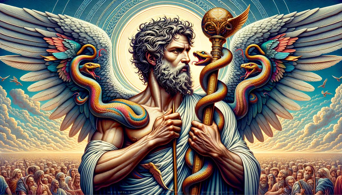 Hermes, the Greek messenger god, holding his iconic caduceus – a staff entwined with two snakes and topped with wings. The caduceus symbolizes Hermes' roles in communication, negotiation, and as a guide between realms, while the wings represent his speed and divine abilities.
