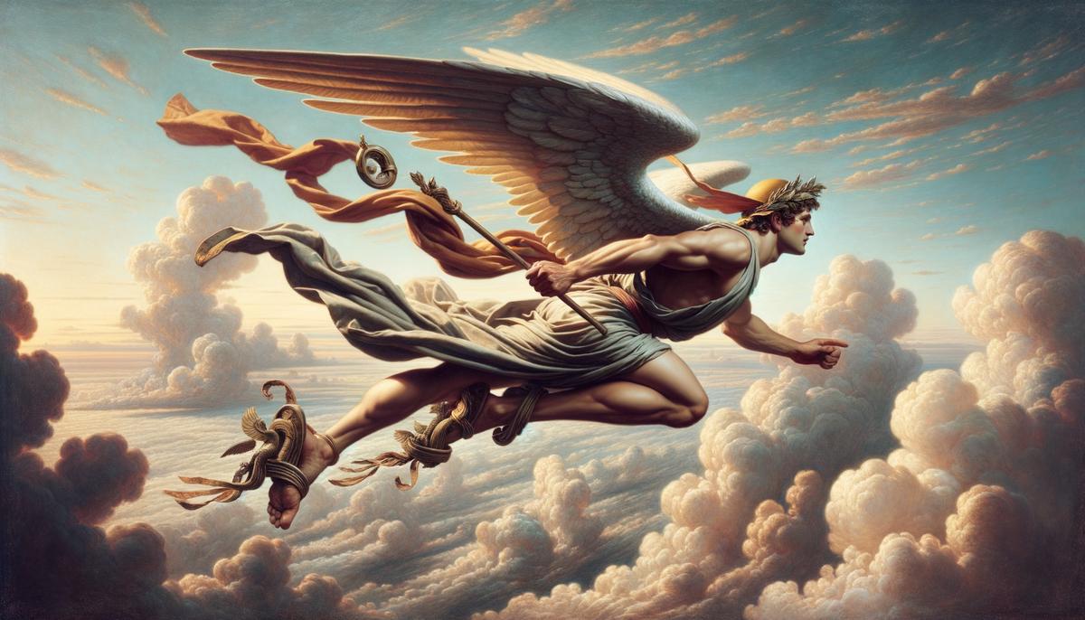 Hermes, the messenger god, soaring through the sky with his iconic winged sandals. He is dressed in his traditional attire, a caduceus in hand, as he effortlessly navigates between the realms of gods and mortals, delivering messages with divine speed and grace.