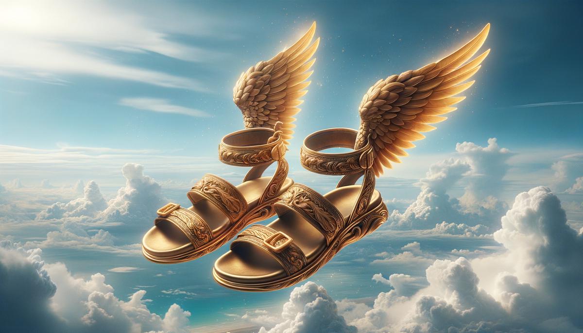 Hermes' winged sandals, golden sandals with small wings attached to the ankles, floating in mid-air against a blue sky background