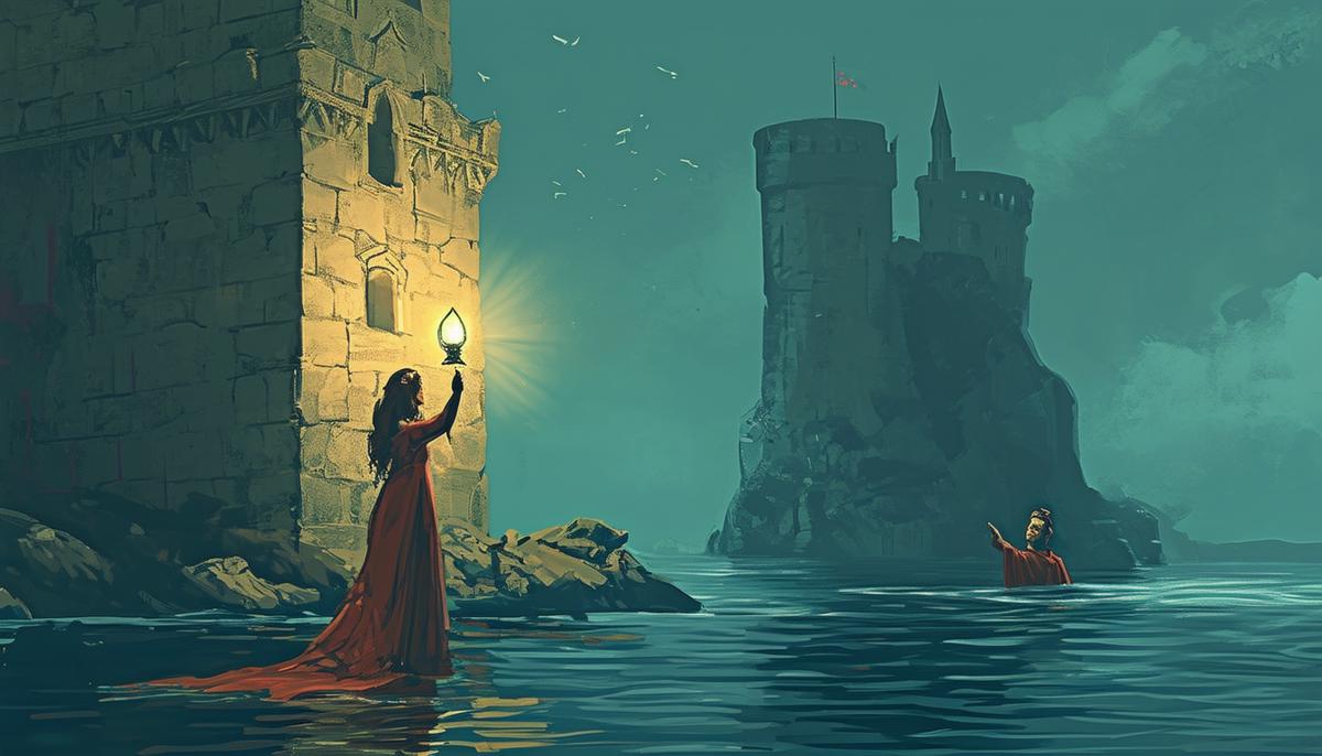 Hero holding a lamp in her tower as Leander swims across the Hellespont