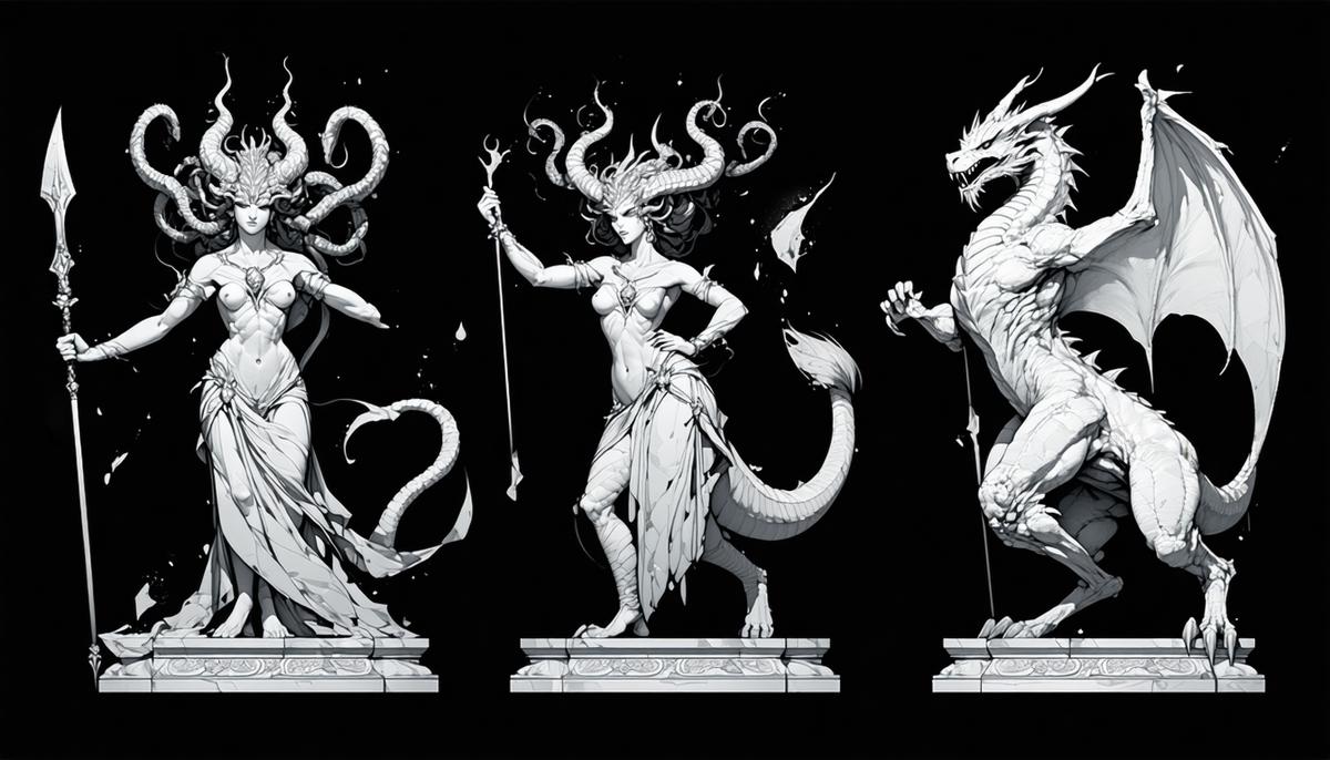 Heroic portrayals of Medusa, Chimera, and Scylla in triumphant poses