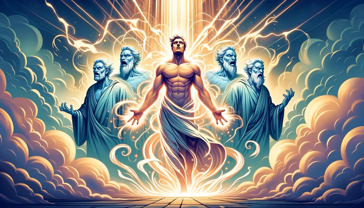 Heron transforming from a regular man into a powerful demi-god, with divine light surrounding him