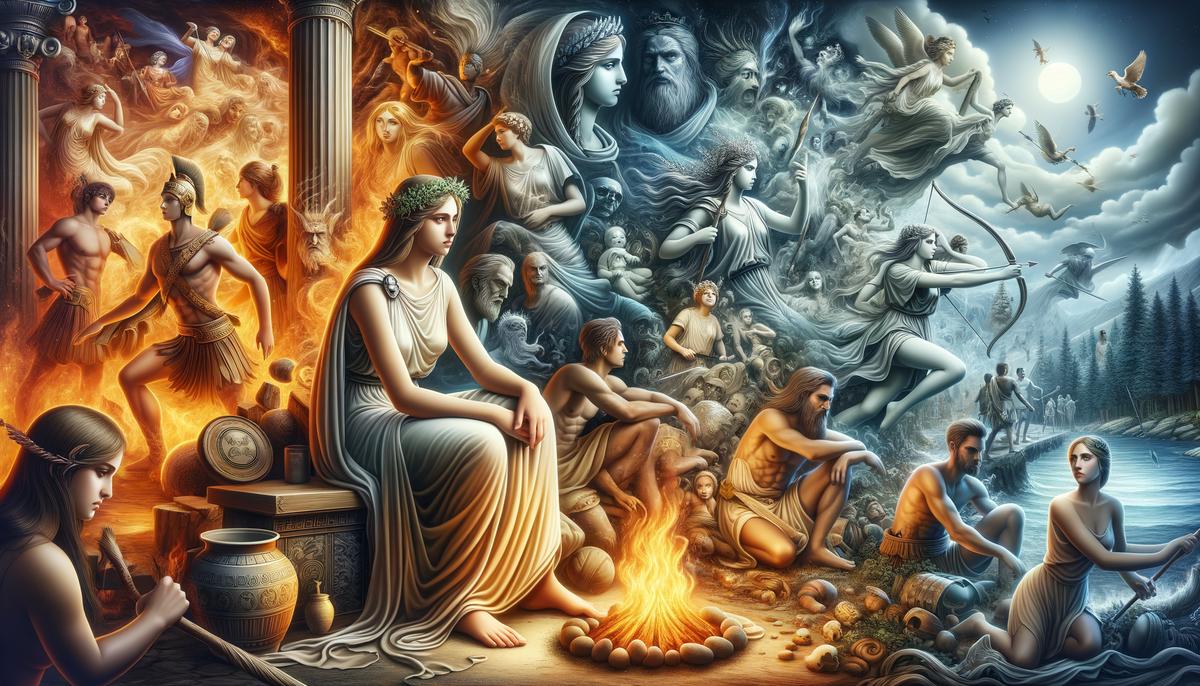 Hestia radiating calm power amidst chaotic Olympian scenes