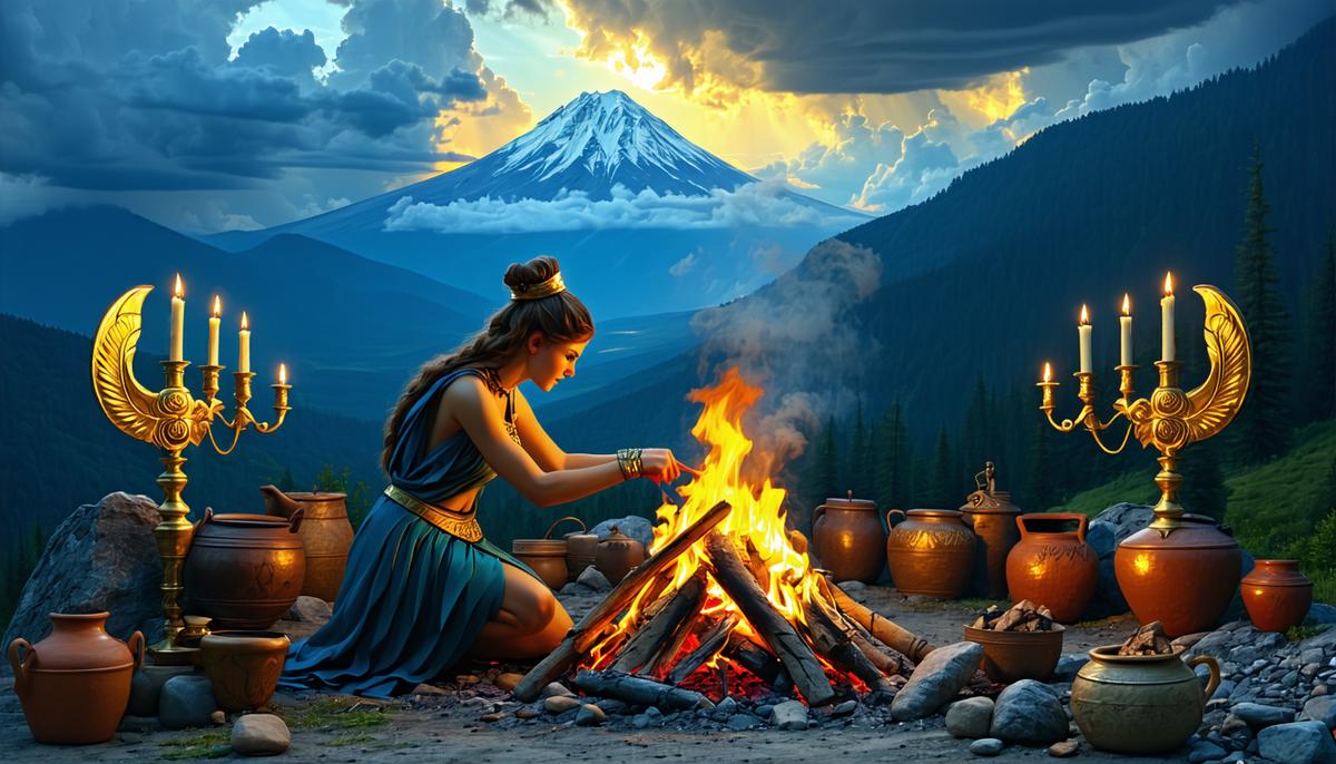 Hestia tending the hearth on Mount Olympus, surrounded by symbols of home and hospitality